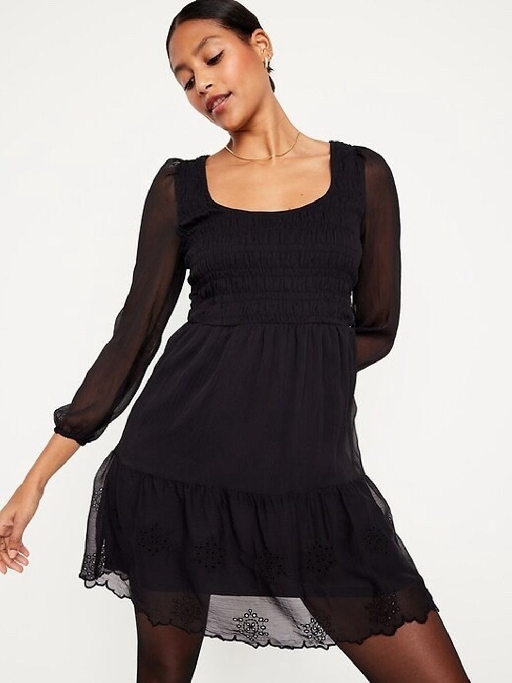 Old Navy Gap Black Eyelet Embroidered Mini Dress Medium Tall Smocked Fit Flare